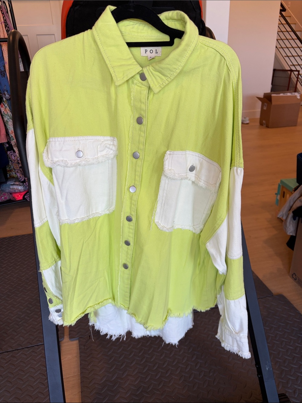 POL Lime Green and White Colorblock Button-Front Jacket